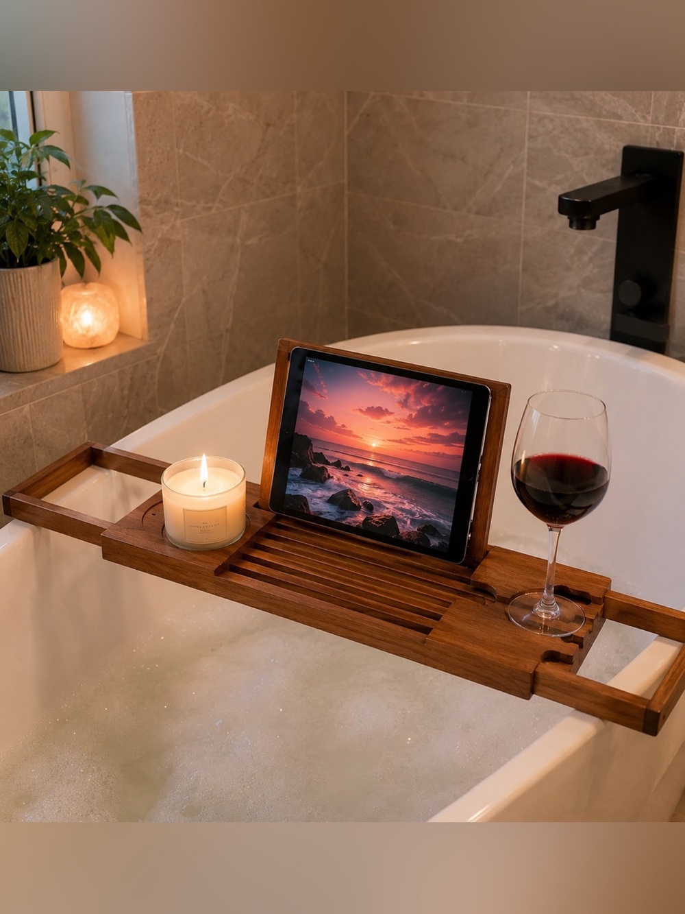 Expandable Teak Bathtub Caddy / Spa Tray with built-in reading and relaxation